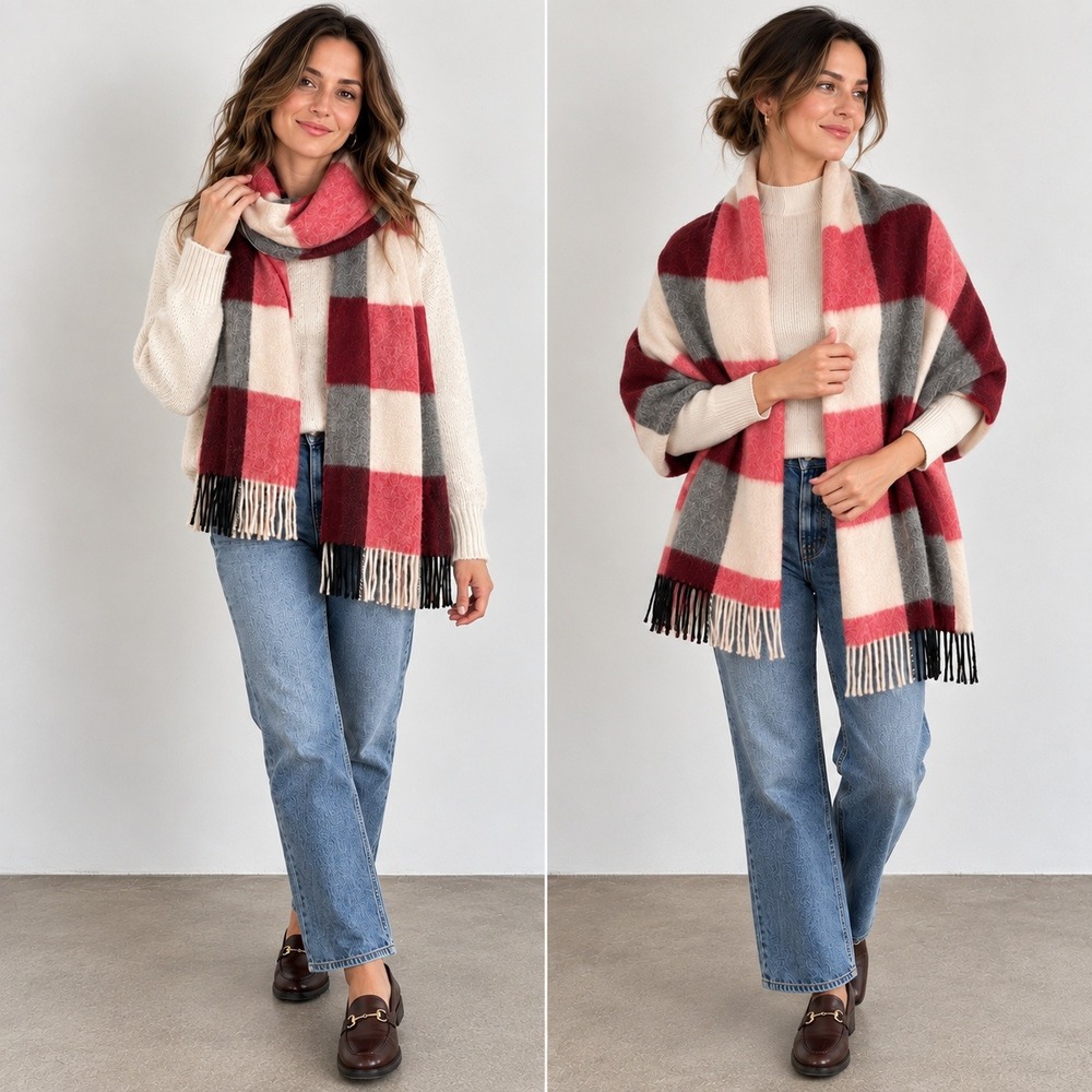 Talbots Cashmere Buffalo Plaid Scarf OS 19x78 Fringe Wrap Classic Luxury Holiday